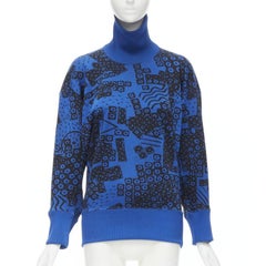 Issey Miyake 1980's Vintage blue black illustration print turtleneck sweater M
