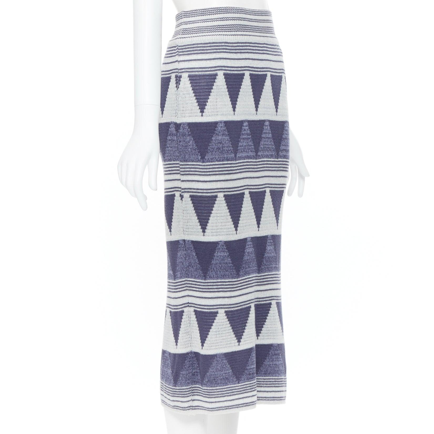 Gray ISSEY MIYAKE 1980's Vintage blue grey ethnic geometric cotton knit midi skirt M