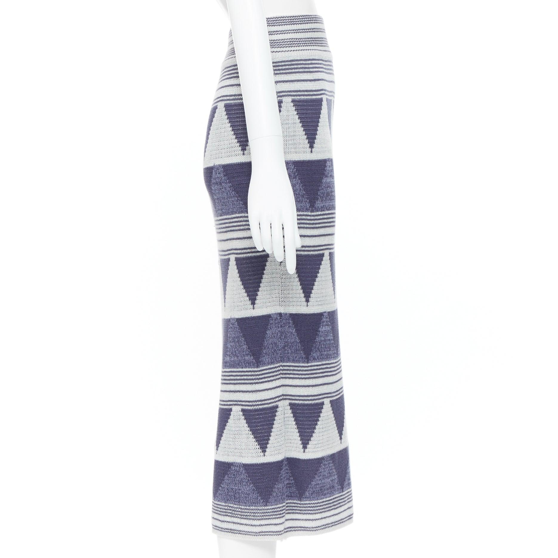 ISSEY MIYAKE 1980's Vintage blue grey ethnic geometric cotton knit midi skirt M In Excellent Condition In Hong Kong, NT