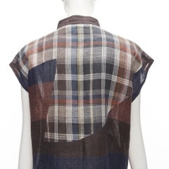 ISSEY MIYAKE 1980's Vintage brown navy checked patchwork linen shirt JP9 S