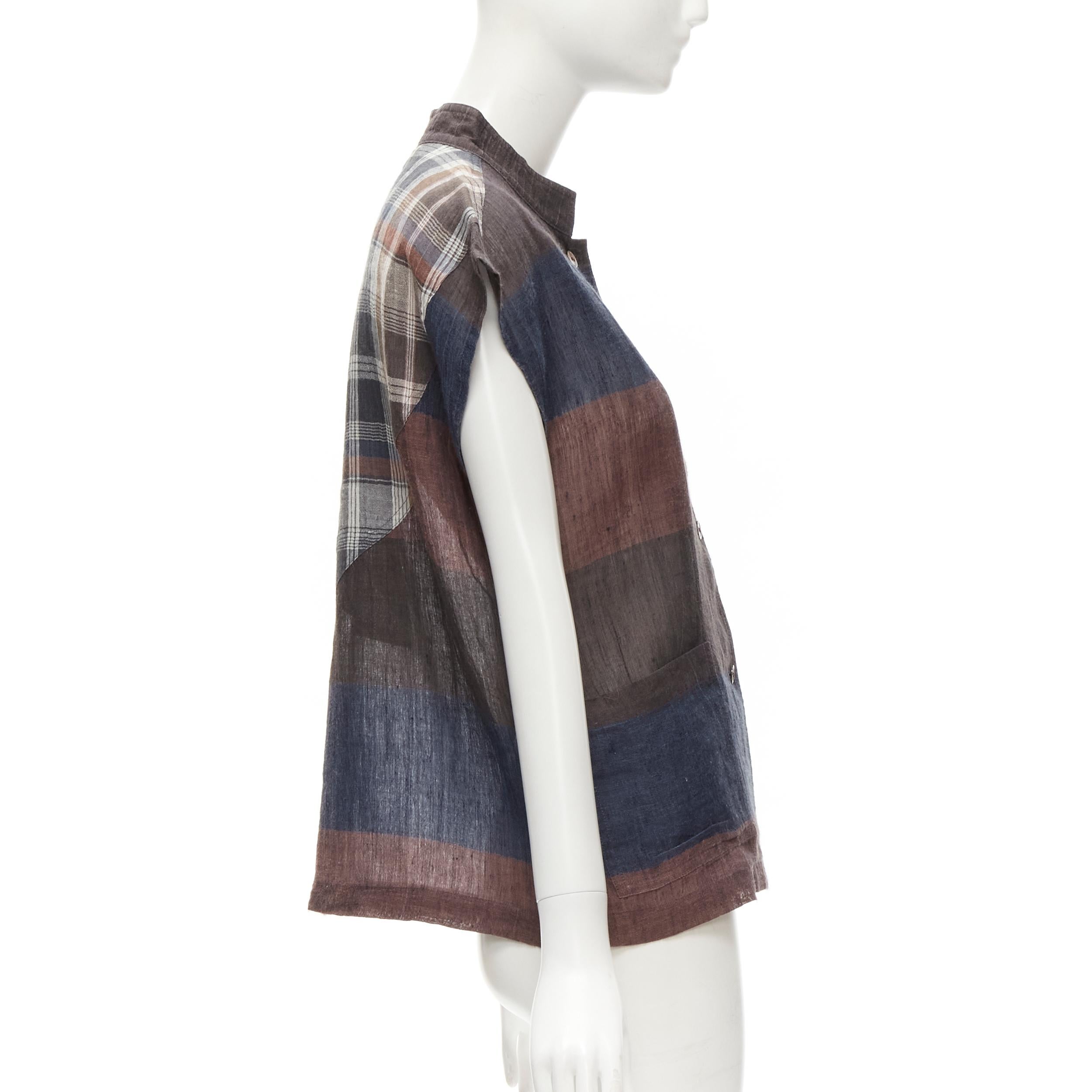 ISSEY MIYAKE 1980's Vintage brown navy checked patchwork linen shirt JP9 S In Good Condition For Sale In Hong Kong, NT