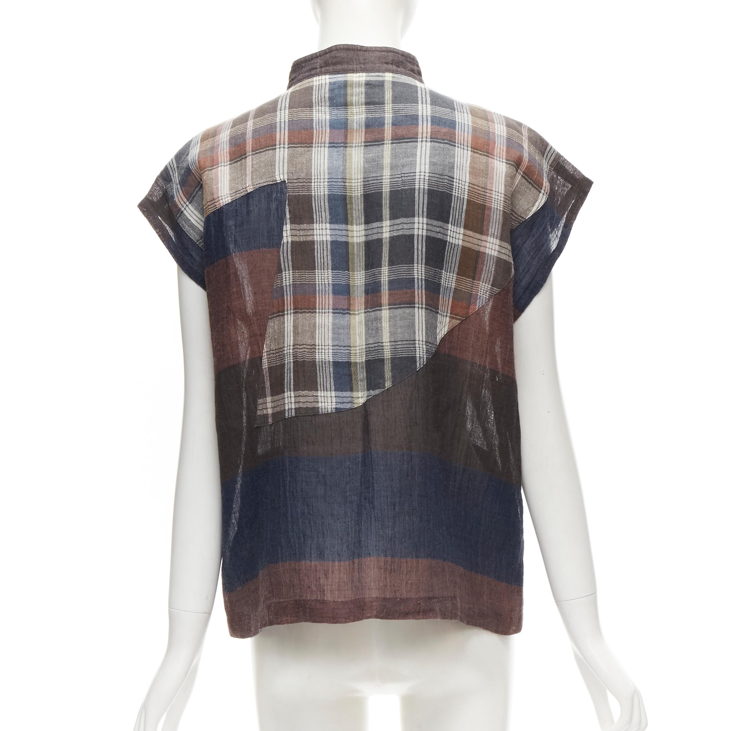 Women's ISSEY MIYAKE 1980's Vintage brown navy checked patchwork linen shirt JP9 S For Sale