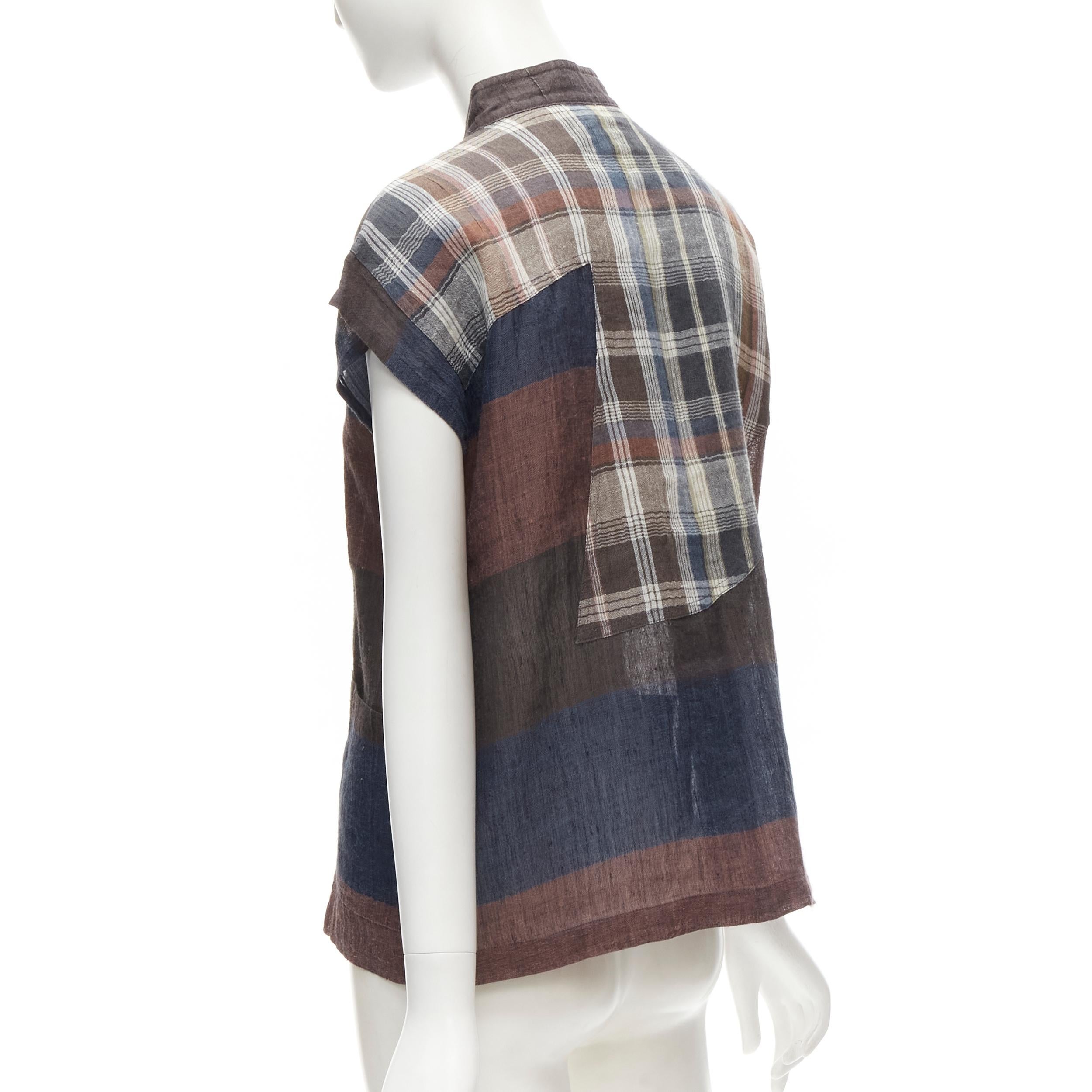 ISSEY MIYAKE 1980's Vintage brown navy checked patchwork linen shirt JP9 S For Sale 1