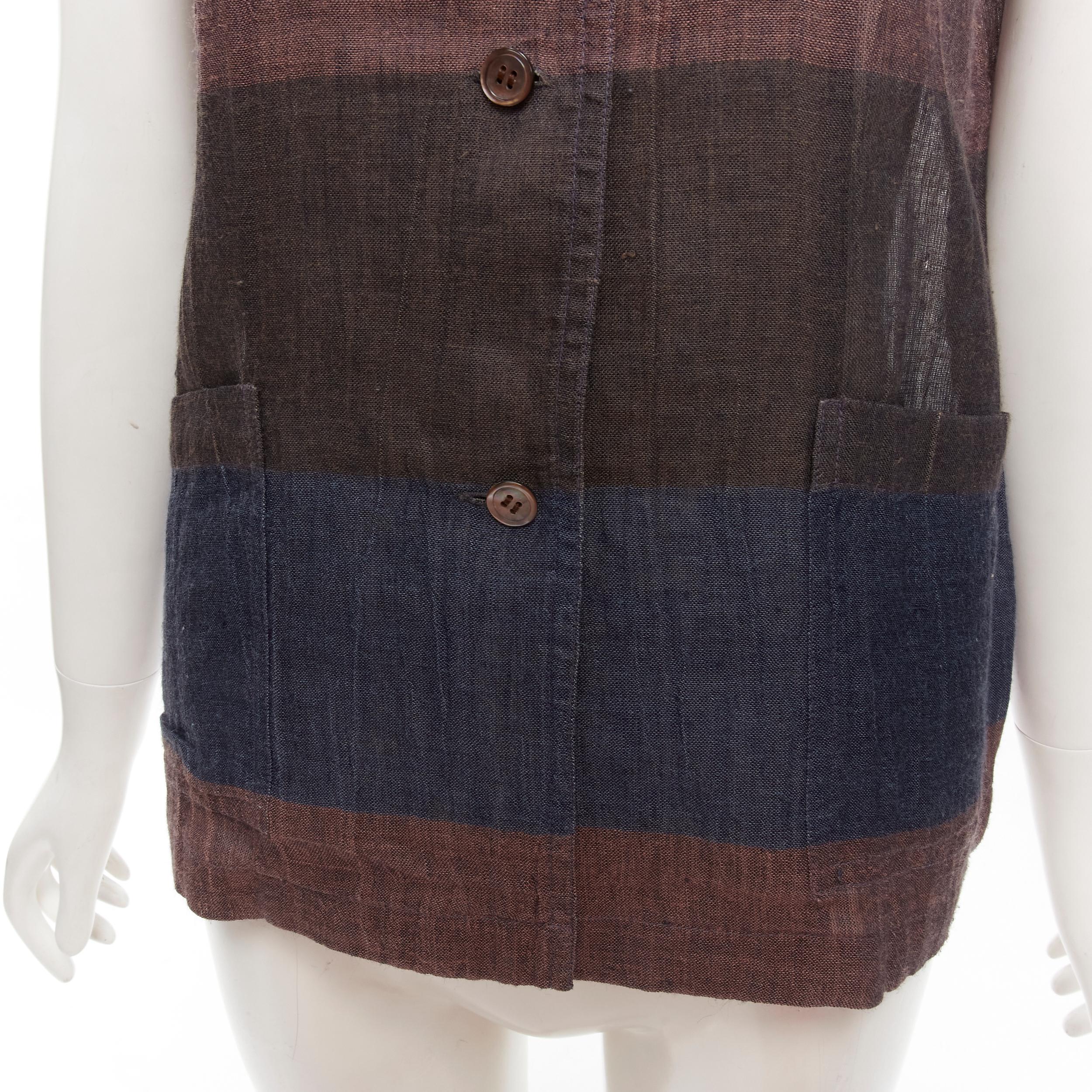 ISSEY MIYAKE 1980's Vintage brown navy checked patchwork linen shirt JP9 S For Sale 3