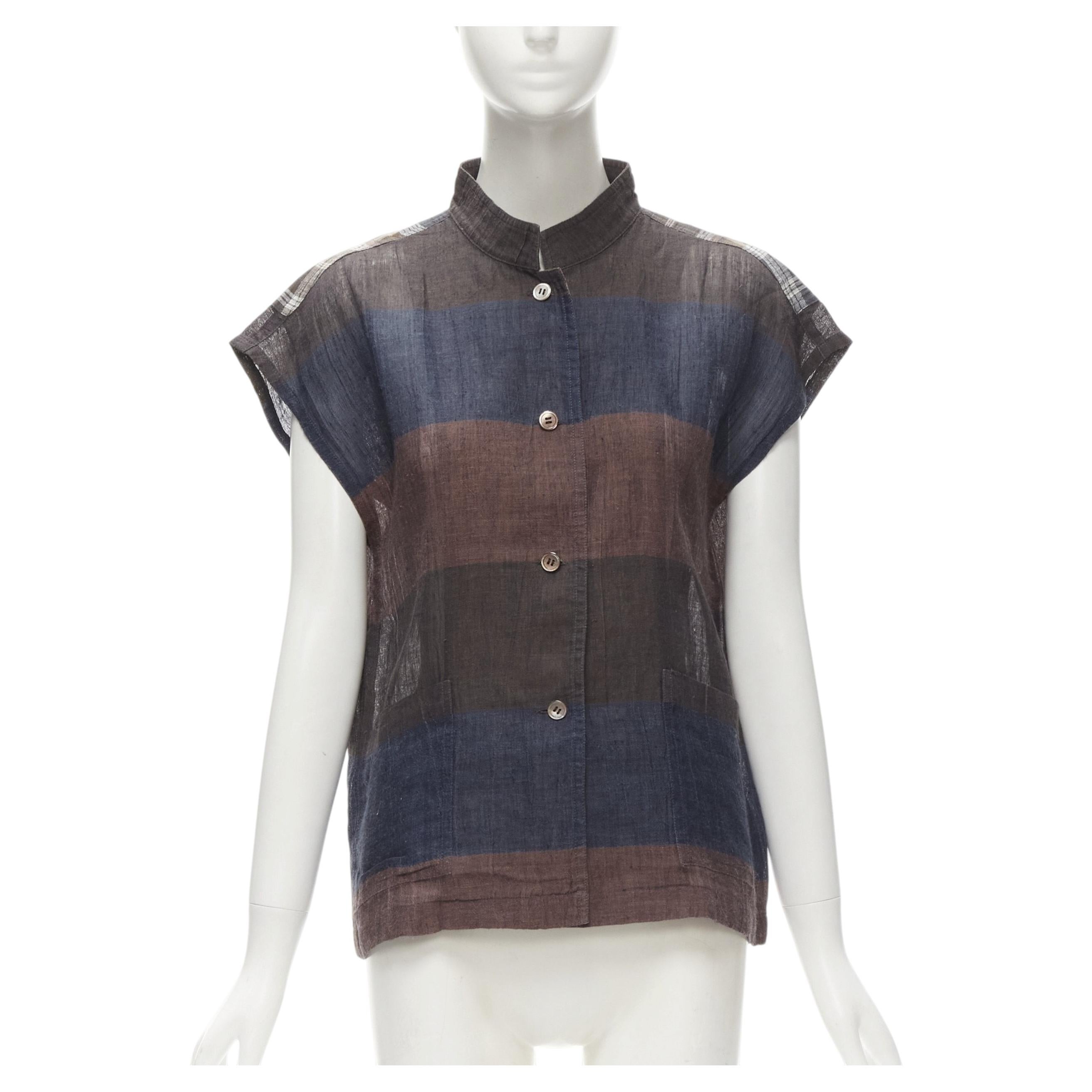 ISSEY MIYAKE 1980's Vintage brown navy checked patchwork linen shirt JP9 S For Sale