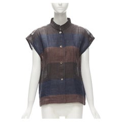 ISSEY MIYAKE 1980's Vintage brown navy checked patchwork linen shirt JP9 S