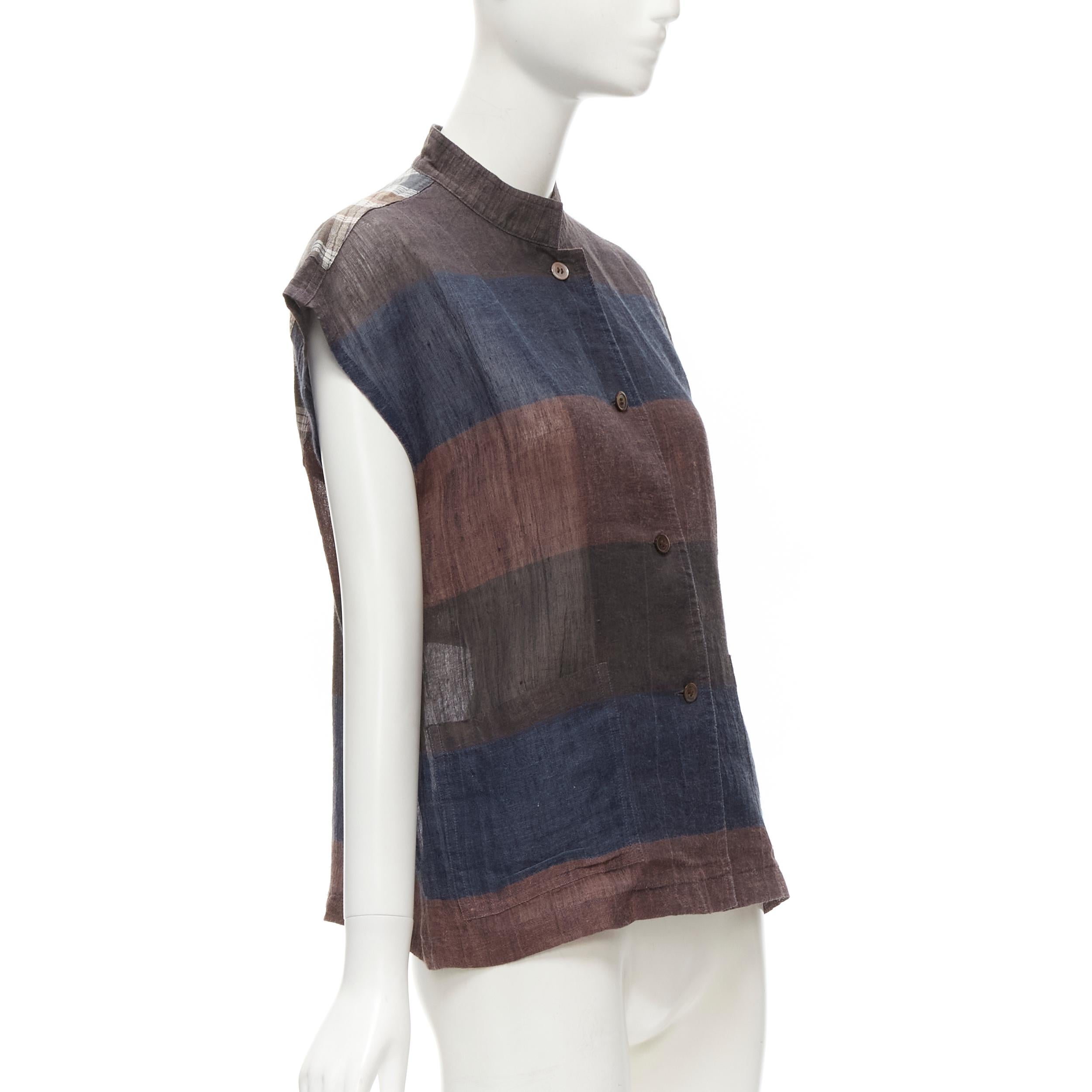 ISSEY MIYAKE 1980's Vintage brown navy stripes checked linen shirt JP9 S In Good Condition For Sale In Hong Kong, NT