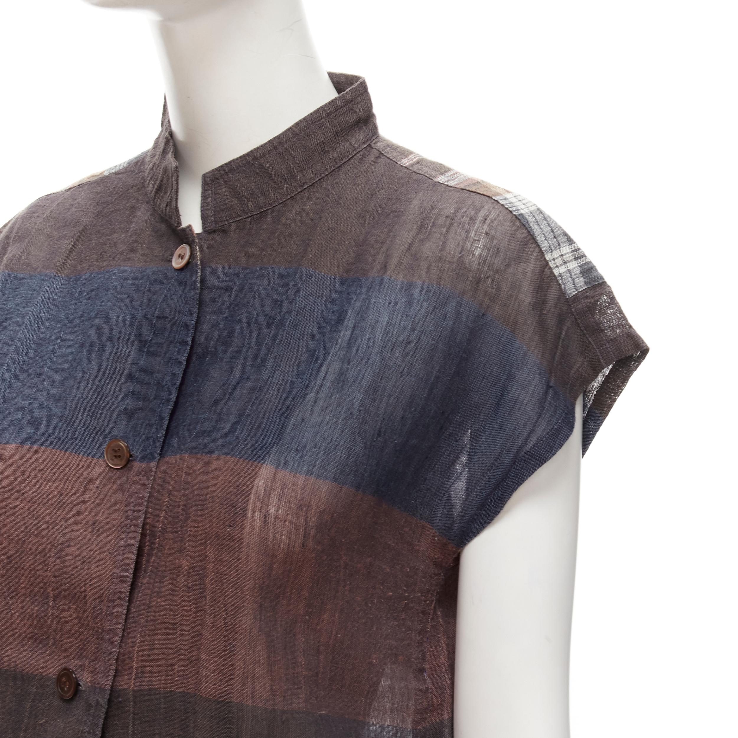 ISSEY MIYAKE 1980's Vintage brown navy stripes checked linen shirt JP9 S For Sale 3