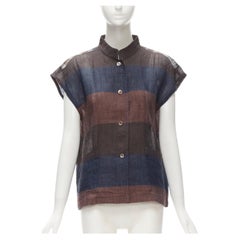 ISSEY MIYAKE 1980's Vintage brown navy stripes checked linen shirt JP9 S