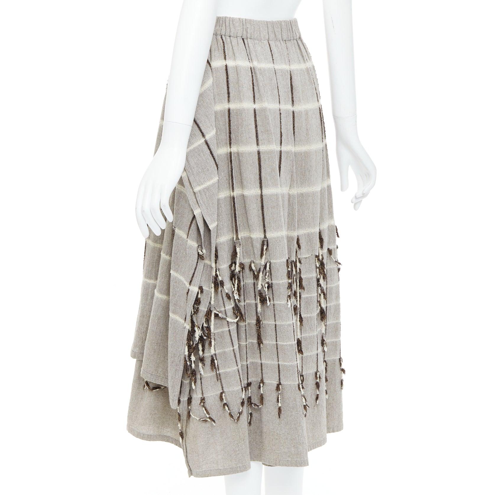 ISSEY MIYAKE 1980's Vintage grey checked fringe trim layered skirt M Rare For Sale 1