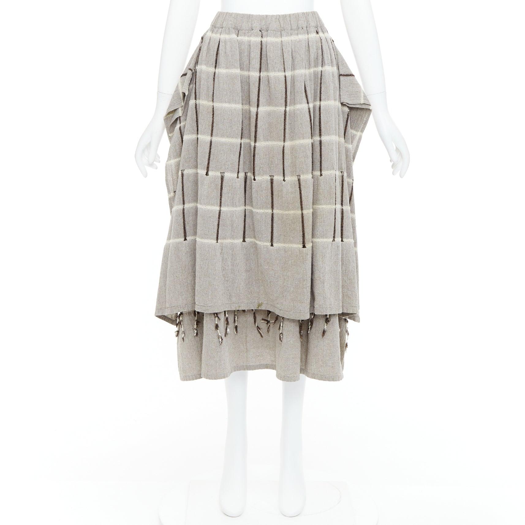 ISSEY MIYAKE 1980's Vintage grey checked fringe trim layered skirt M Rare For Sale 4