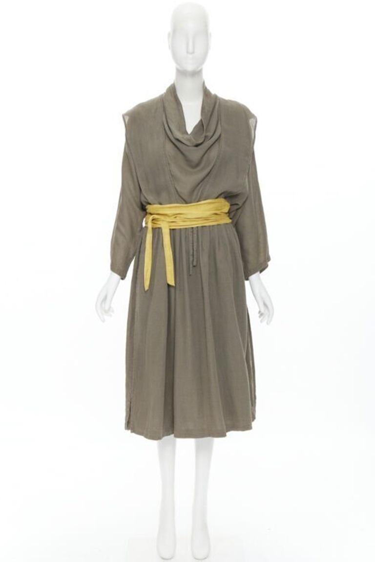 Issey Miyake 1980's Vintage grey linen yellow Obi belt cowl neck dress M Rare en vente 7