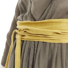 ISSEY MIYAKE 1980's Vintage grey linen yellow Obi belt cowl neck dress M Rare