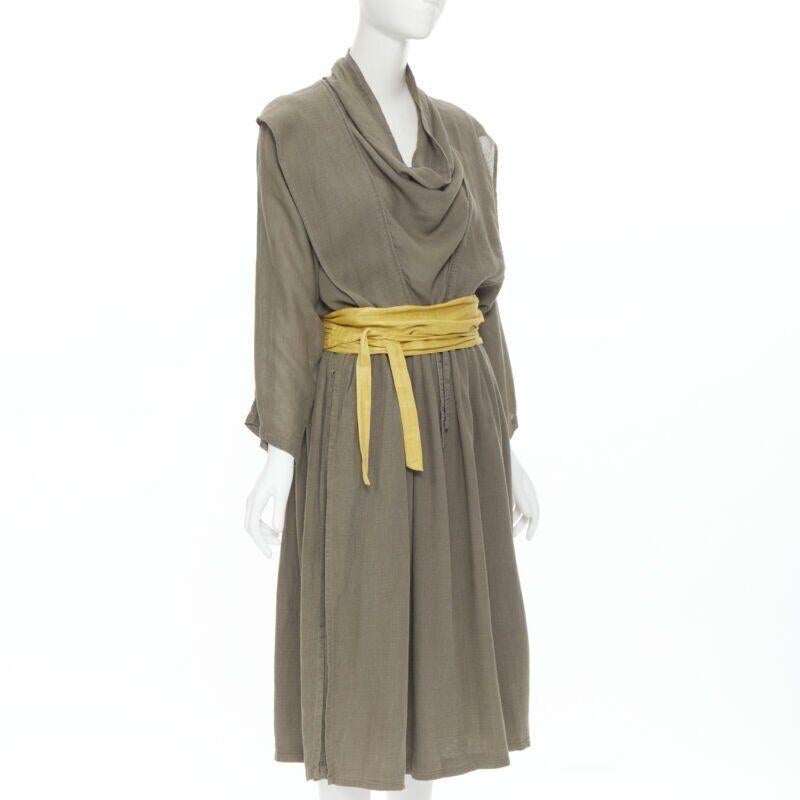Gris Issey Miyake 1980's Vintage grey linen yellow Obi belt cowl neck dress M Rare en vente