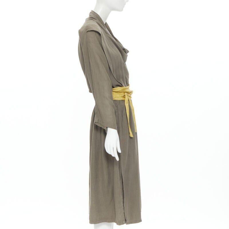 Issey Miyake 1980's Vintage grey linen yellow Obi belt cowl neck dress M Rare Excellent état - En vente à Hong Kong, NT