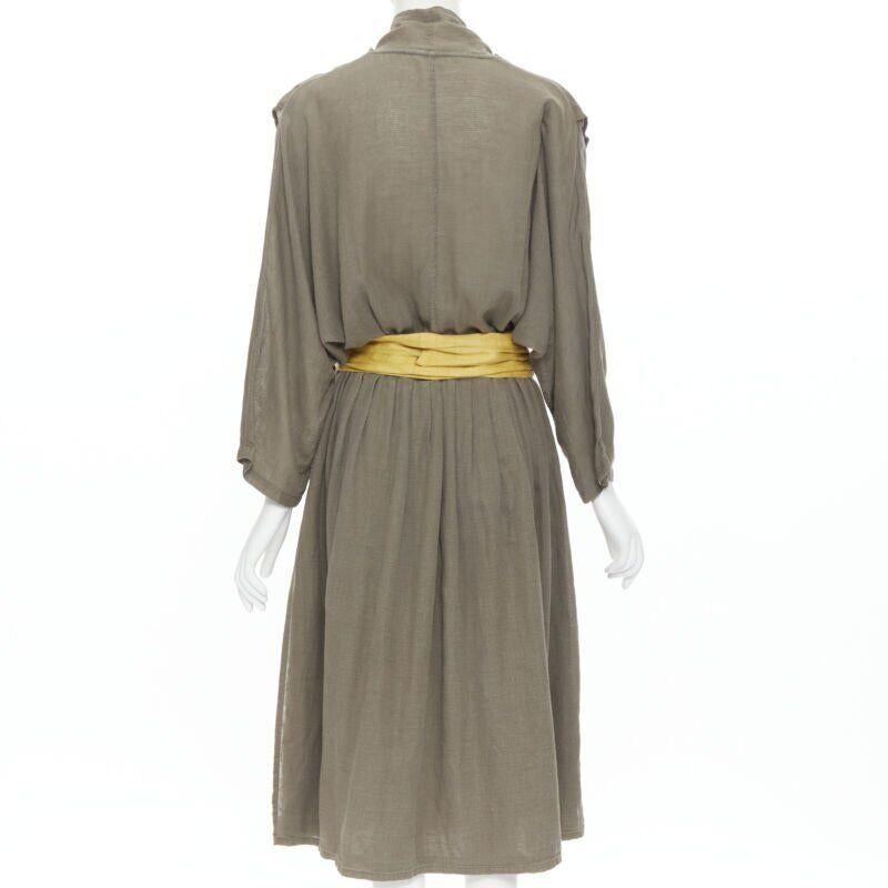 Issey Miyake 1980's Vintage grey linen yellow Obi belt cowl neck dress M Rare Pour femmes en vente
