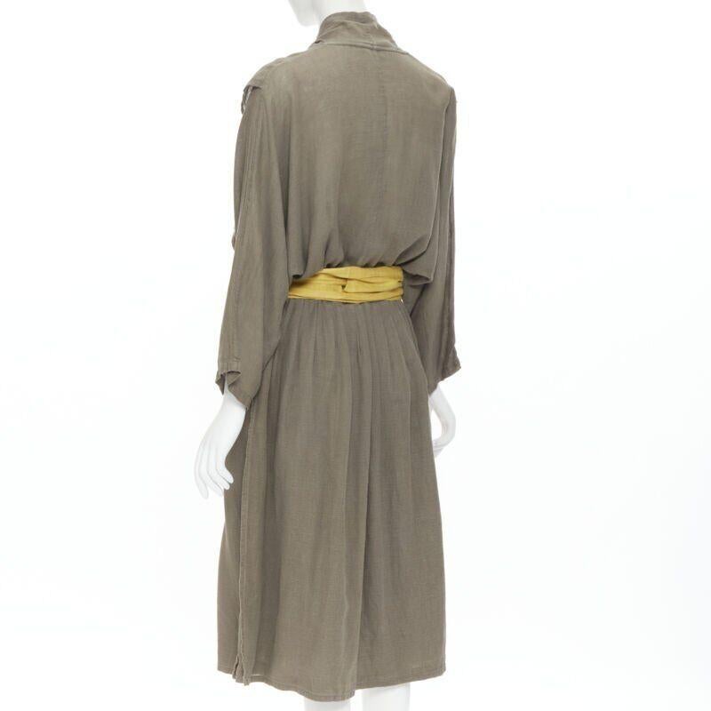 Issey Miyake 1980's Vintage grey linen yellow Obi belt cowl neck dress M Rare en vente 1
