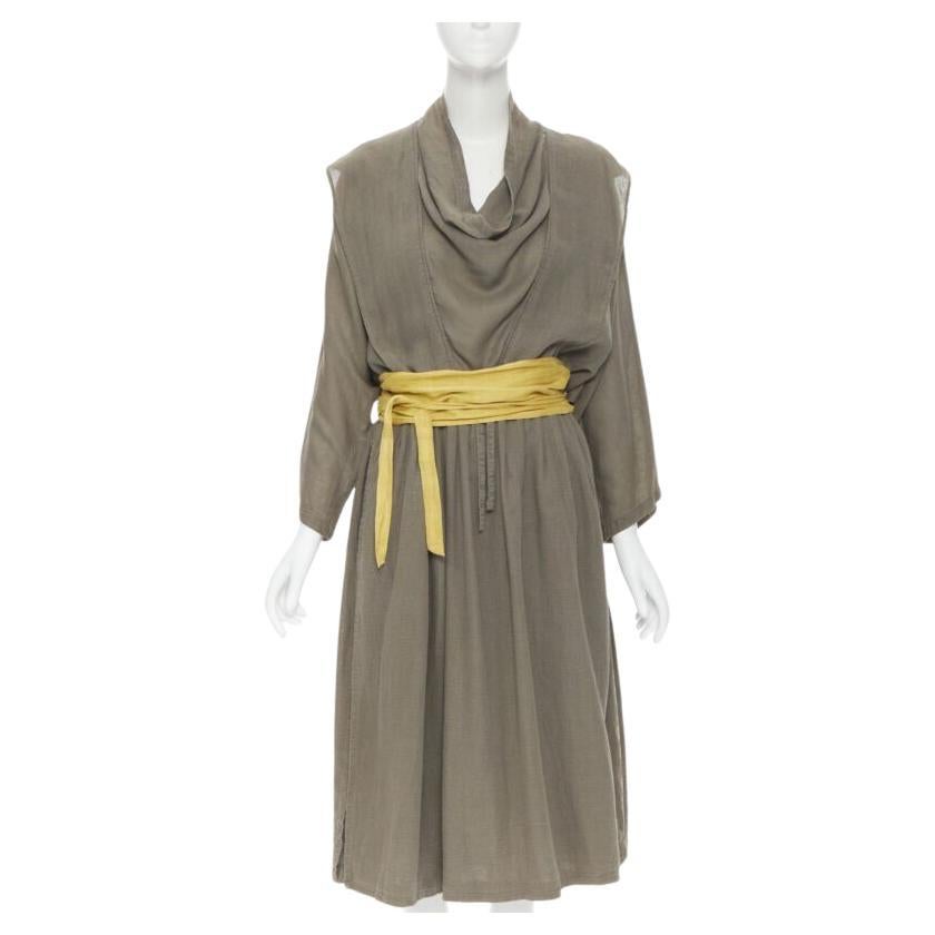 Issey Miyake 1980's Vintage grey linen yellow Obi belt cowl neck dress M Rare en vente