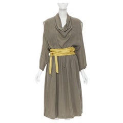 Issey Miyake 1980's Vintage grey linen yellow Obi belt cowl neck dress M Rare