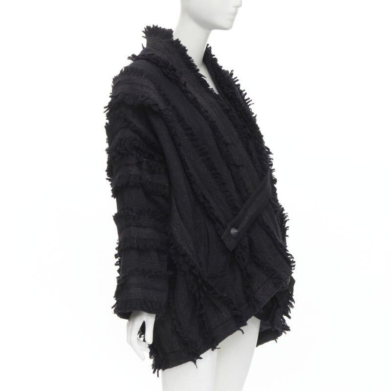 Black ISSEY MIYAKE 1980's Vintage grey wool fringe oversized wrap Cocoon coat M rare For Sale