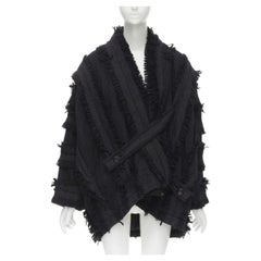 ISSEY MIYAKE 1980's Vintage grey wool fringe oversized wrap Cocoon coat M rare