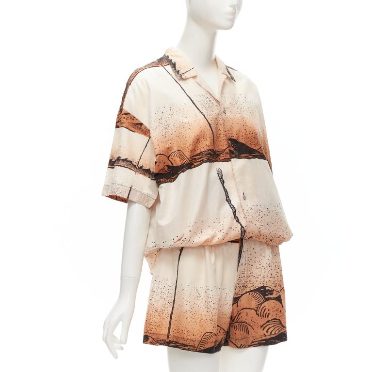 ISSEY MIYAKE 1980er Jahre Vintage Japanische Hemd Shorts aus Holzschnitt mitombre- Meeresdruck M (Beige) im Angebot