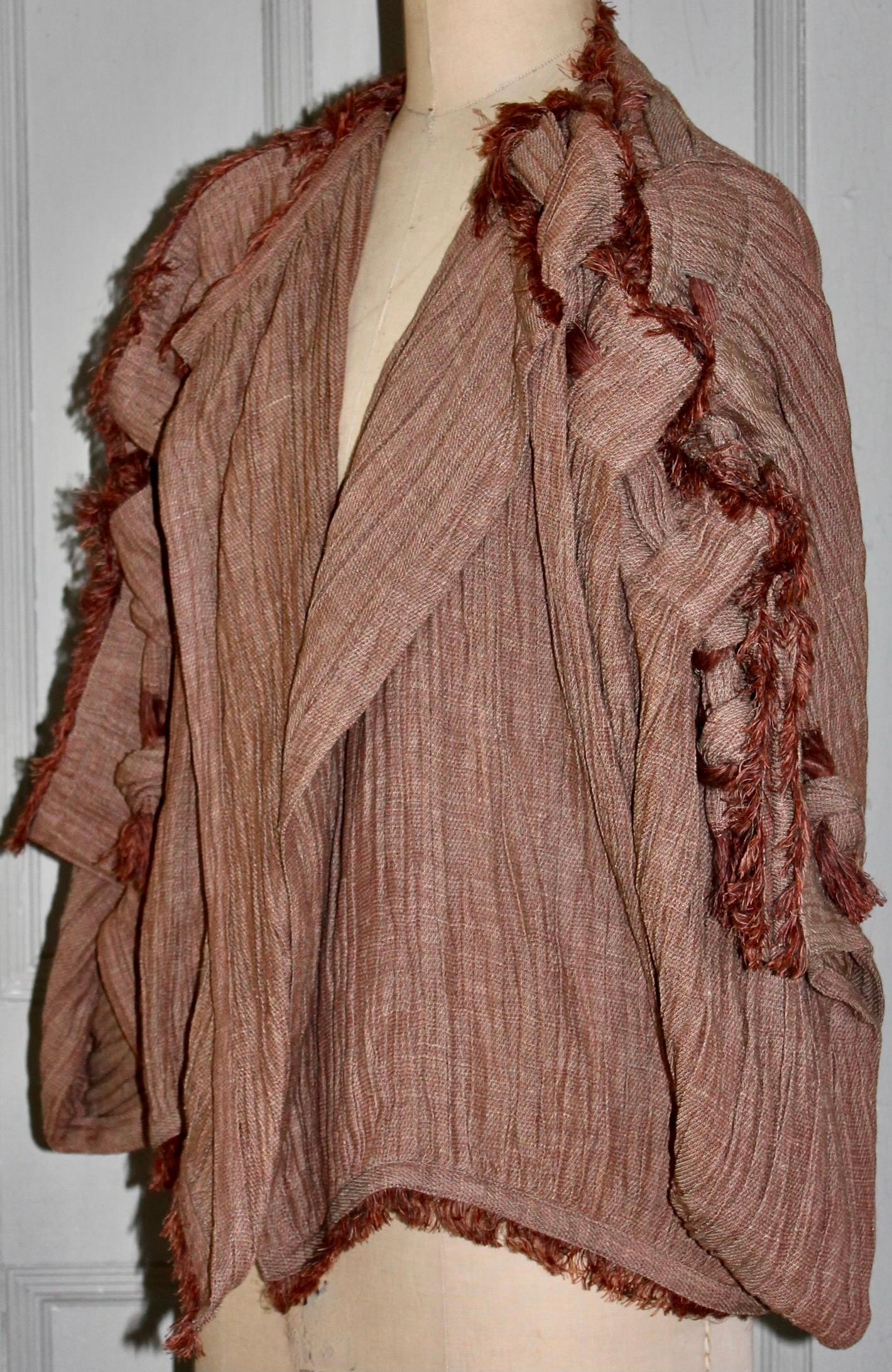 Issey Miyake 1983 Collection Beige 100% Linen fringed Knotted Sleeve Jacket For Sale 7