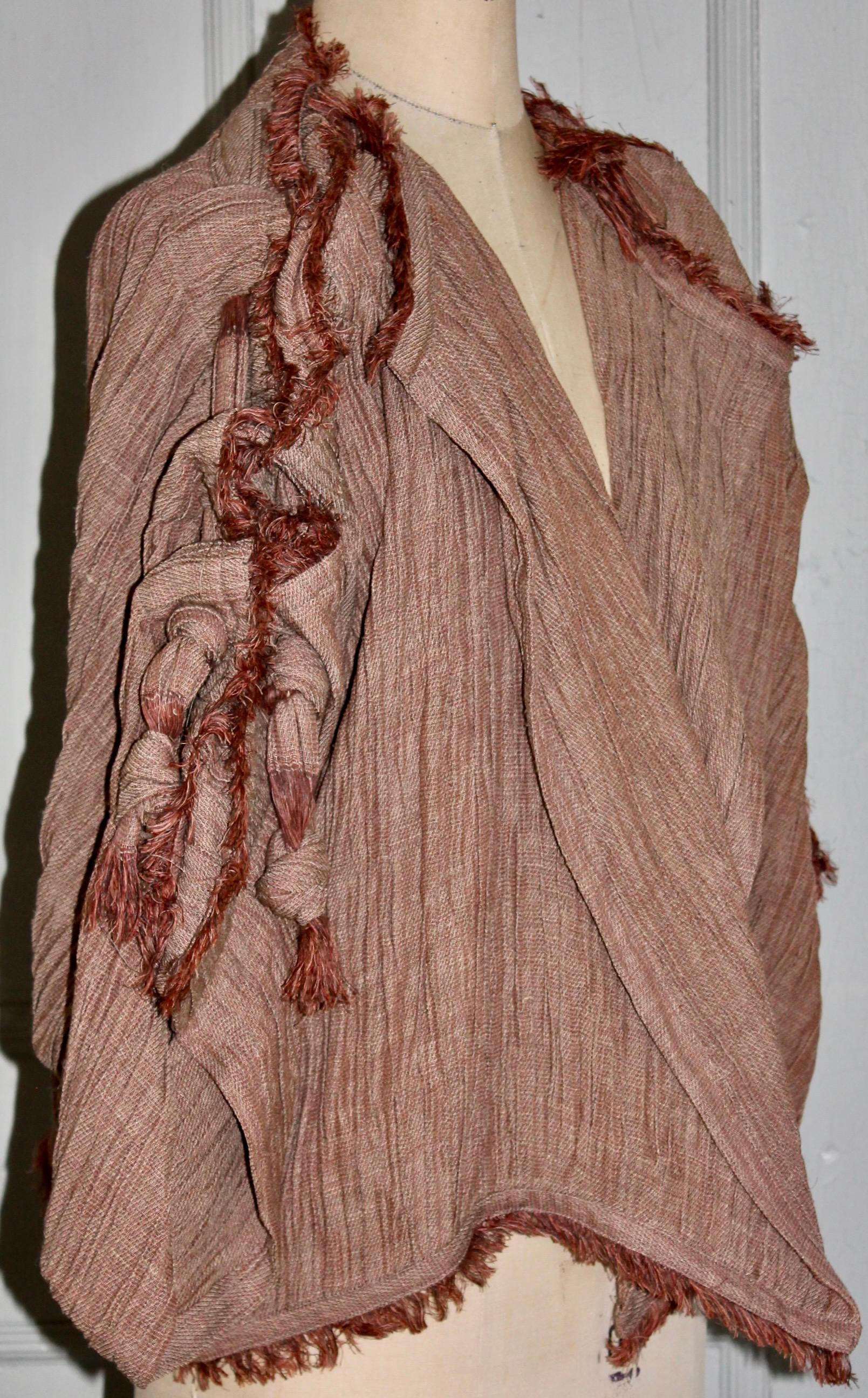 Issey Miyake 1983 Collection Beige 100% Linen fringed Knotted Sleeve Jacket In Good Condition For Sale In Sharon, CT