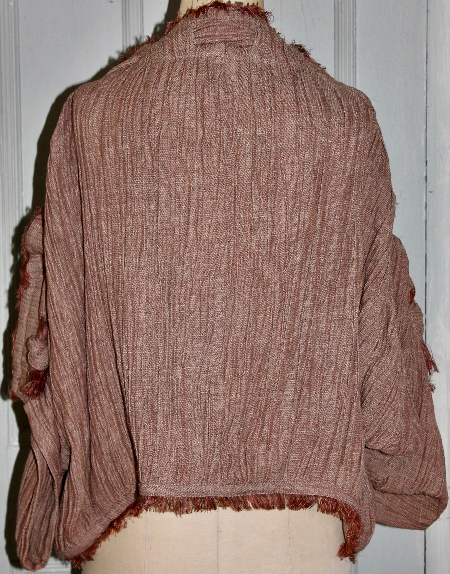Issey Miyake 1983 Collection Beige 100% Linen fringed Knotted Sleeve Jacket For Sale 4