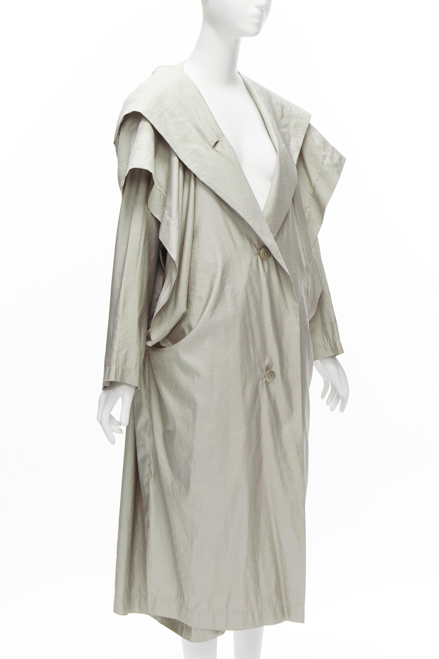 Women's ISSEY MIYAKE 1986 Vintage Runway lucid hooded sleeve layer draped overcoat JP9 M For Sale