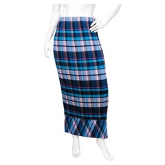 Issey Miyake 1990s Blue and Purple Plaid Print Pleated Maxi Skirt