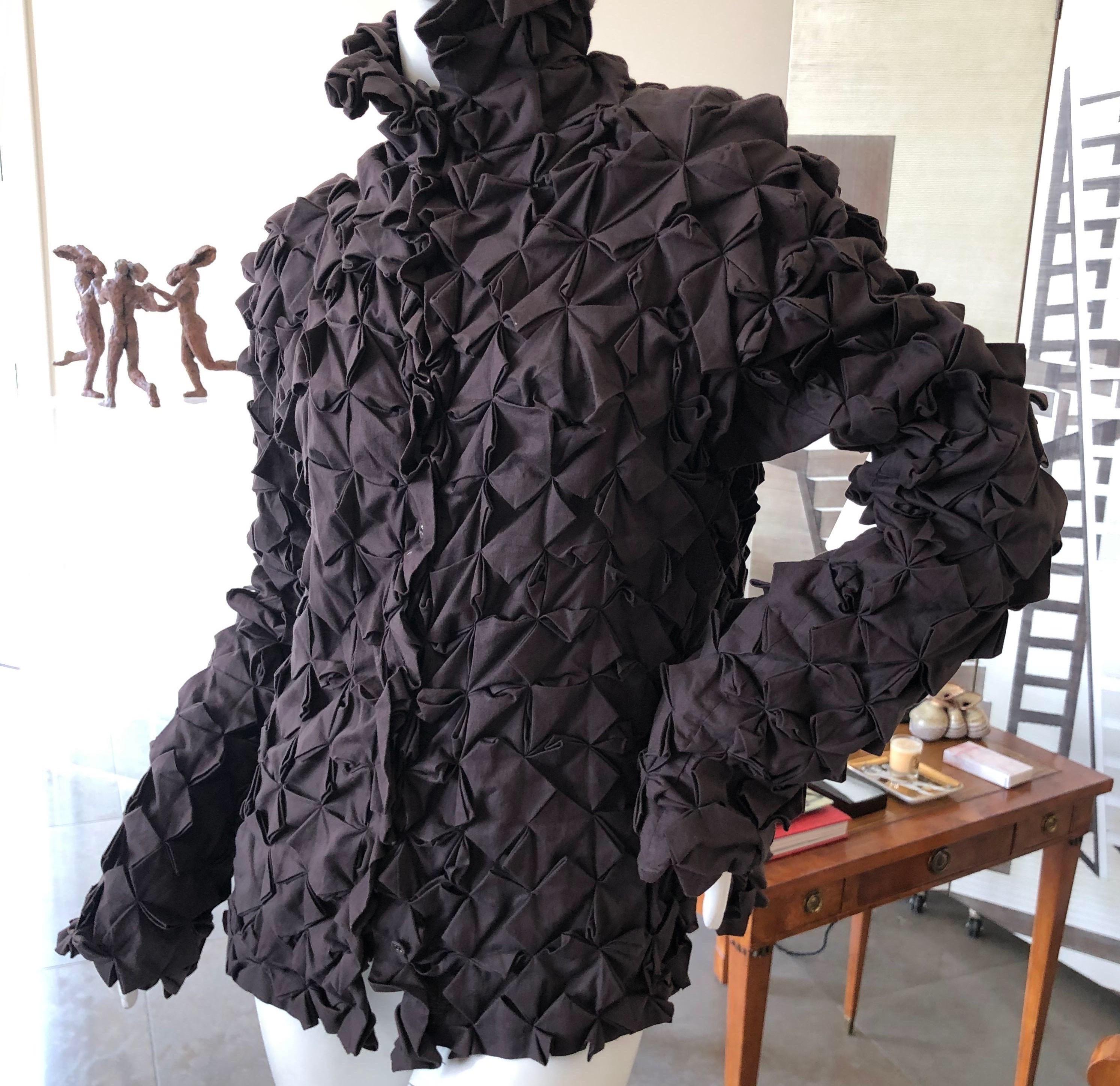 Issey Miyake Vintage Black Cotton Japanese Shibori Textured Jacket or Blouse.
This is so beautiful, handcrafted ancient folkloric textile pattern, this is unlined, so you can appreciate the hand work inside too.
Size 3
Bust 39