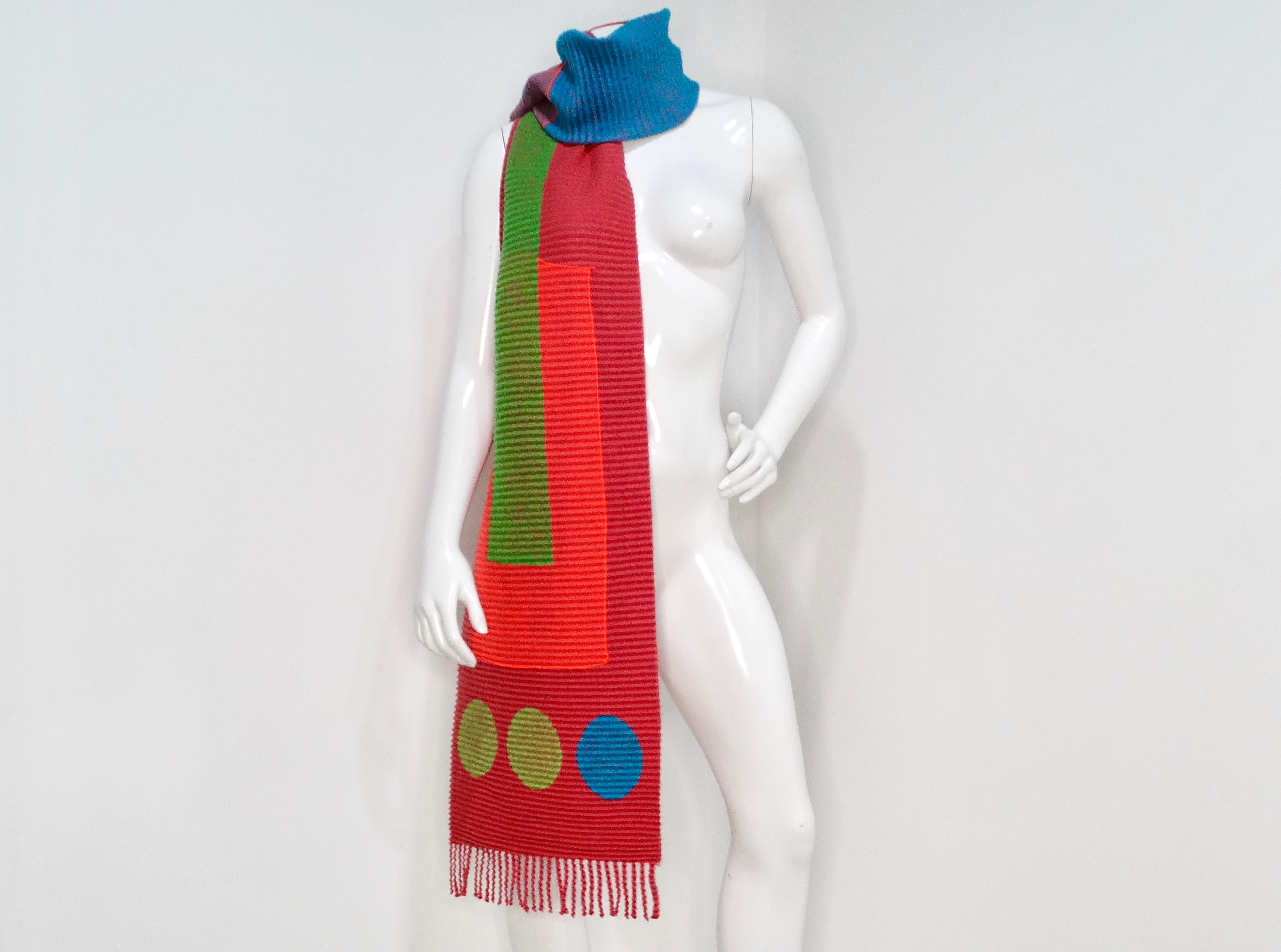 Red Issey Miyake 1990s Neon Geometric Print Pleated Scarf For Sale