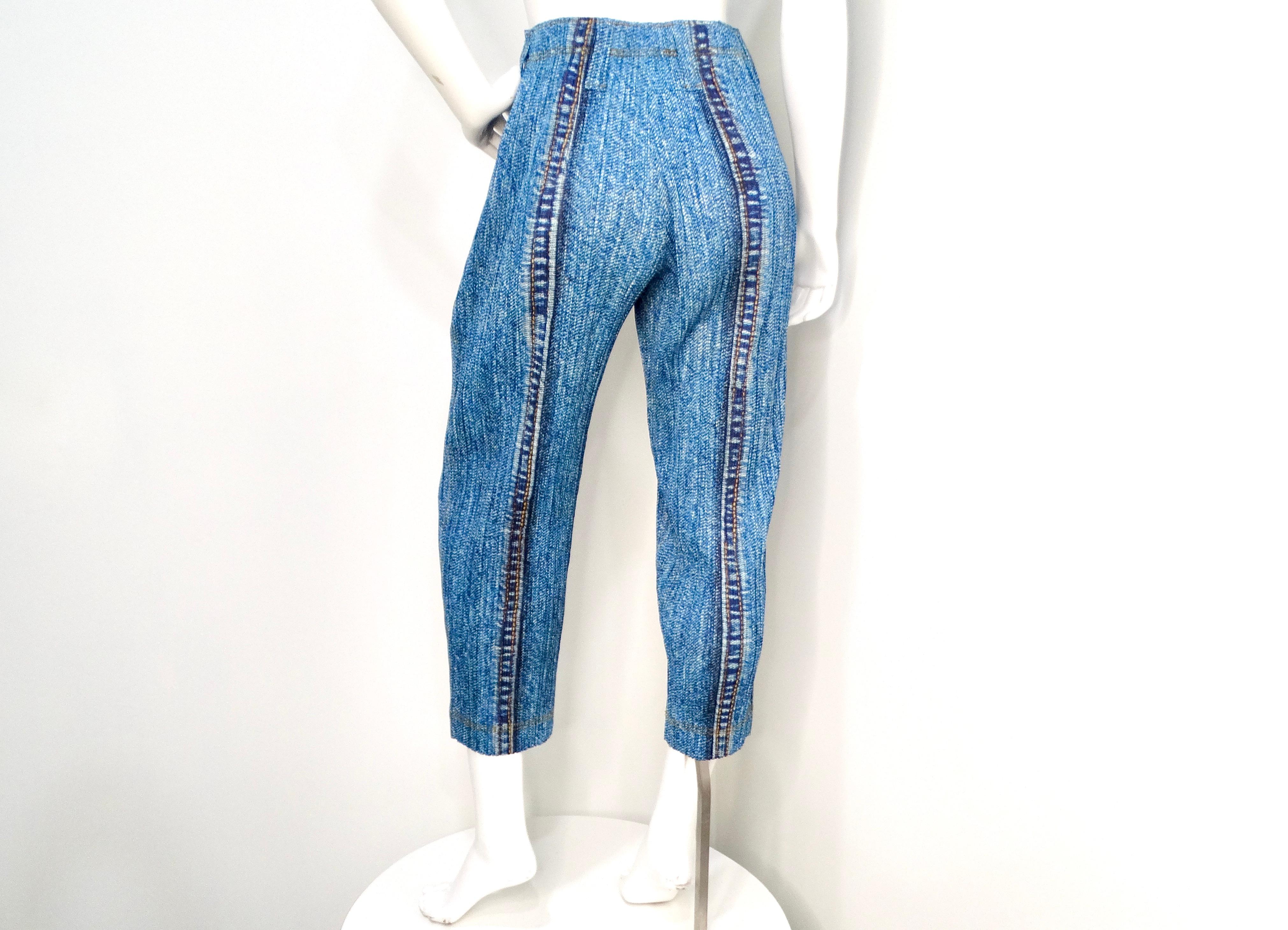 Step into a realm of fashion-forward nostalgia with the Issey Miyake 1990s Pleats Please Denim Print Pleated Capri Pants. These unique capris feature a playful denim jean print, imbuing classic casual wear with a high-fashion twist. Crafted from a