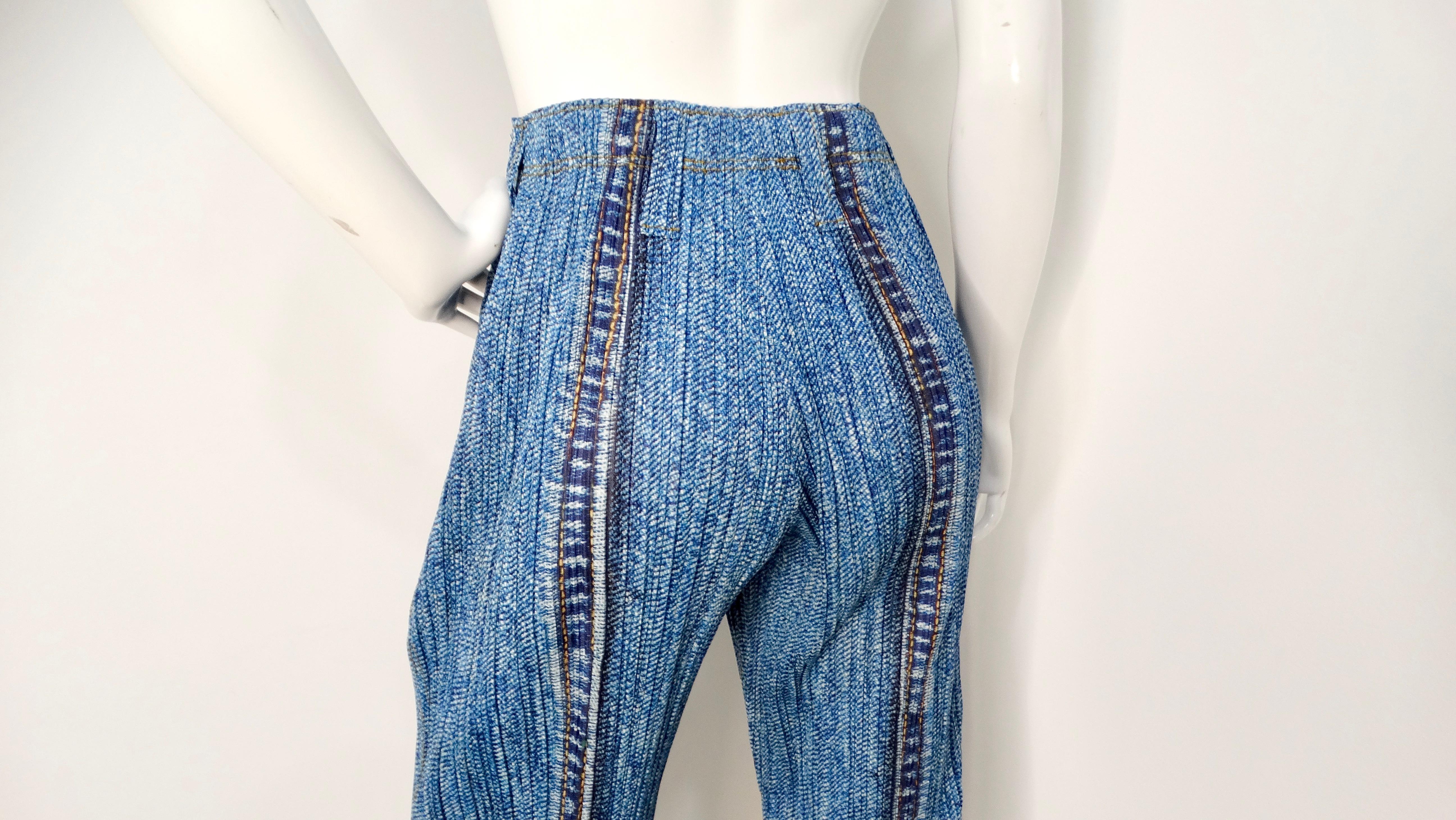 Blue Issey Miyake 1990s Pleats Please Denim Print Pleated Capri Pants For Sale