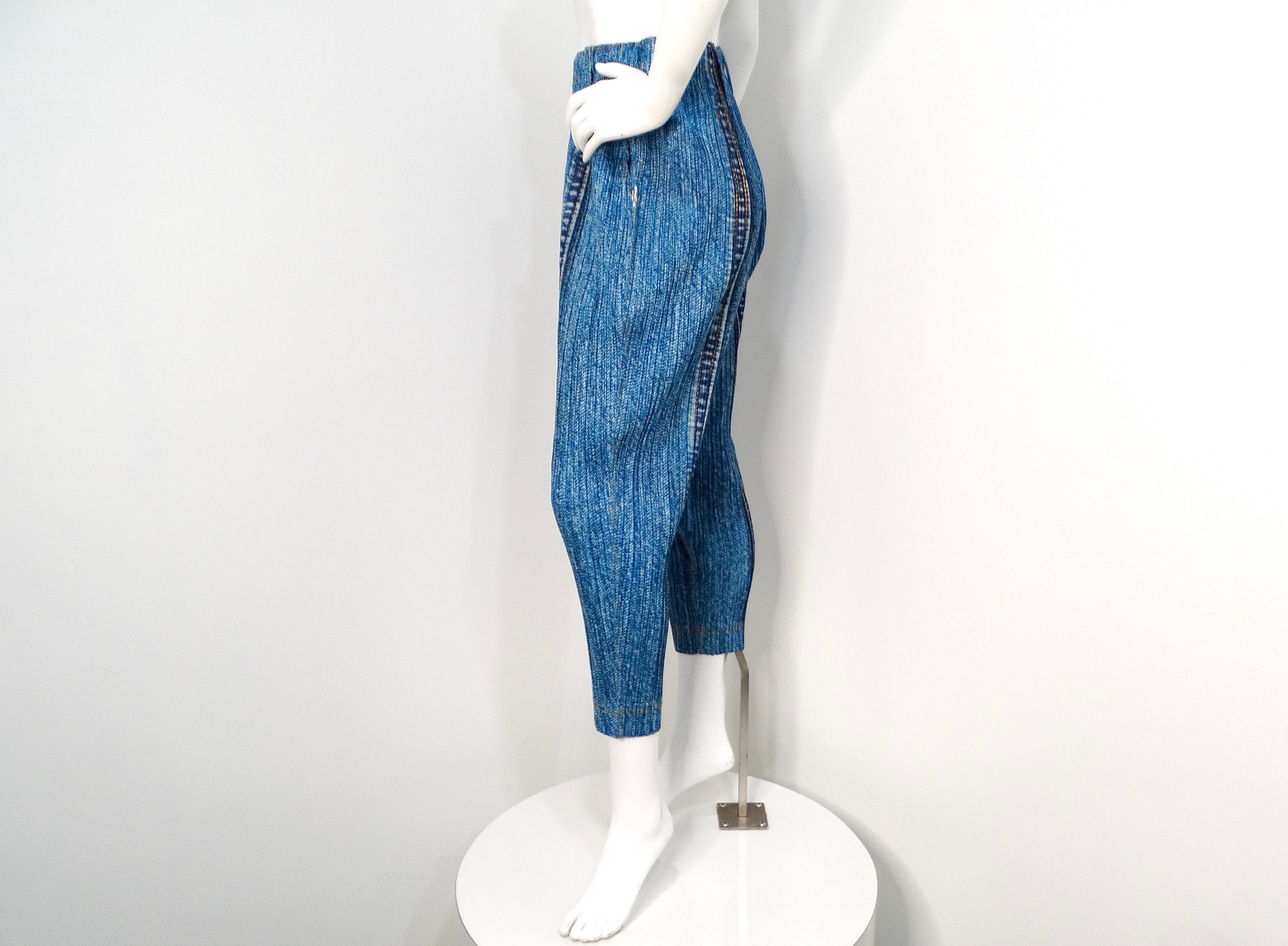 Issey Miyake 1990s Pleats Please Denim Print Pleated Capri Pants For Sale 4
