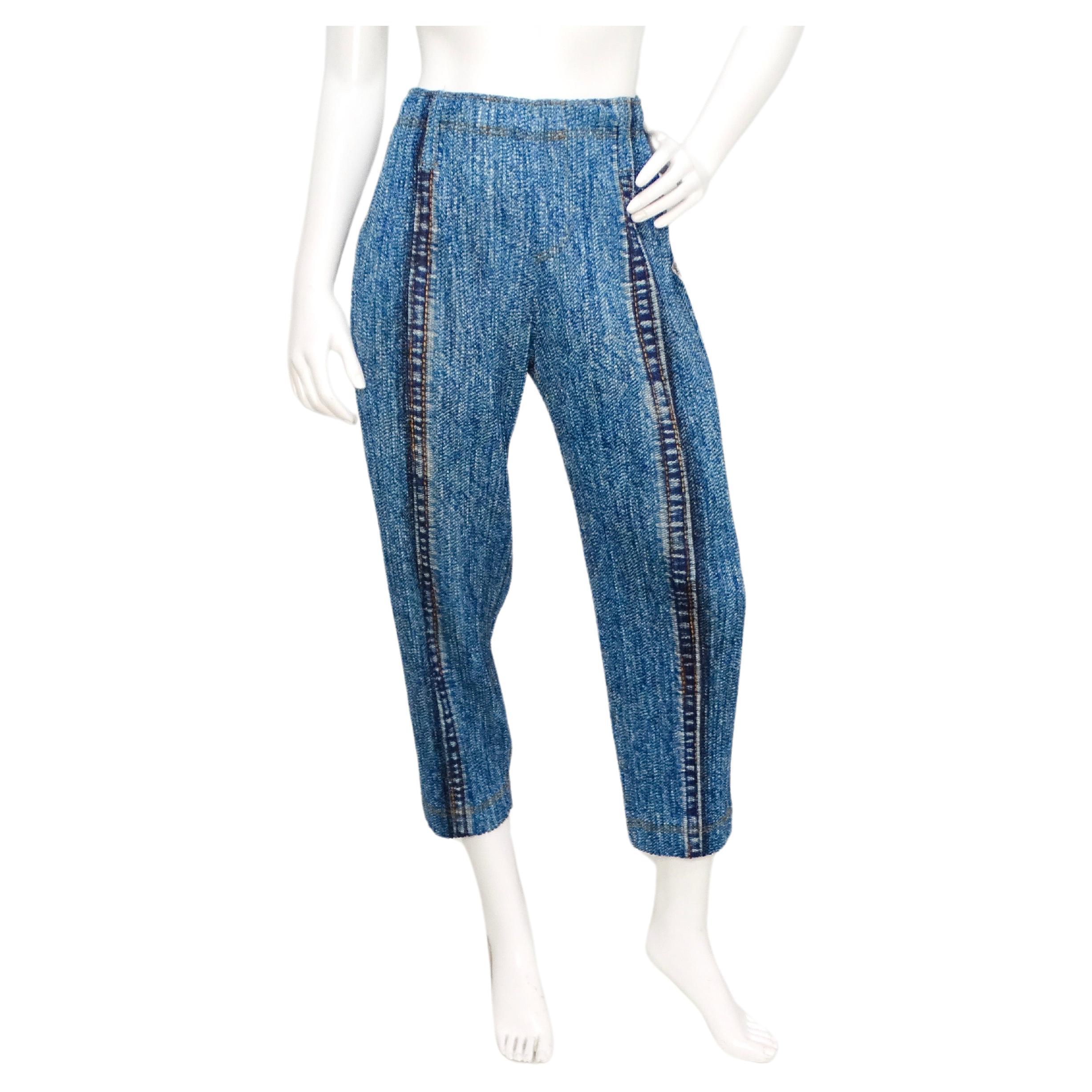Issey Miyake 1990s Pleats Please Denim Print Pleated Capri Pants For Sale