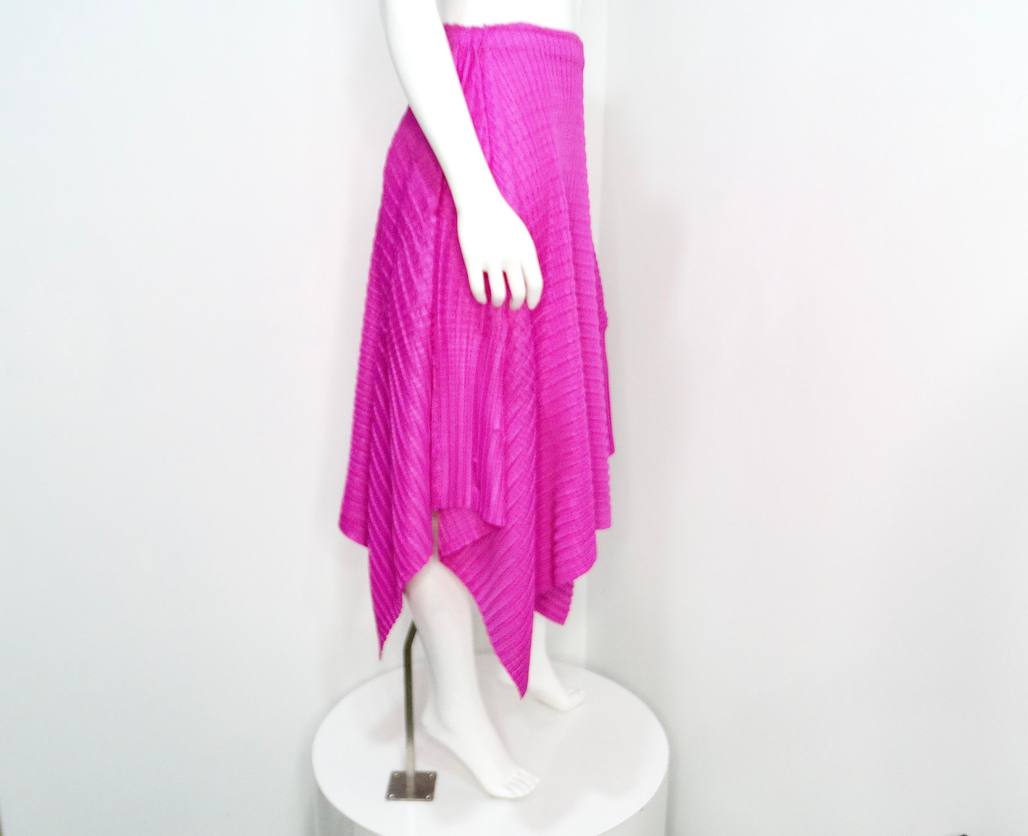 Issey Miyake 1990s Pleats Please Magenta Asymmetric Hem Midi Skirt In Good Condition For Sale In Scottsdale, AZ