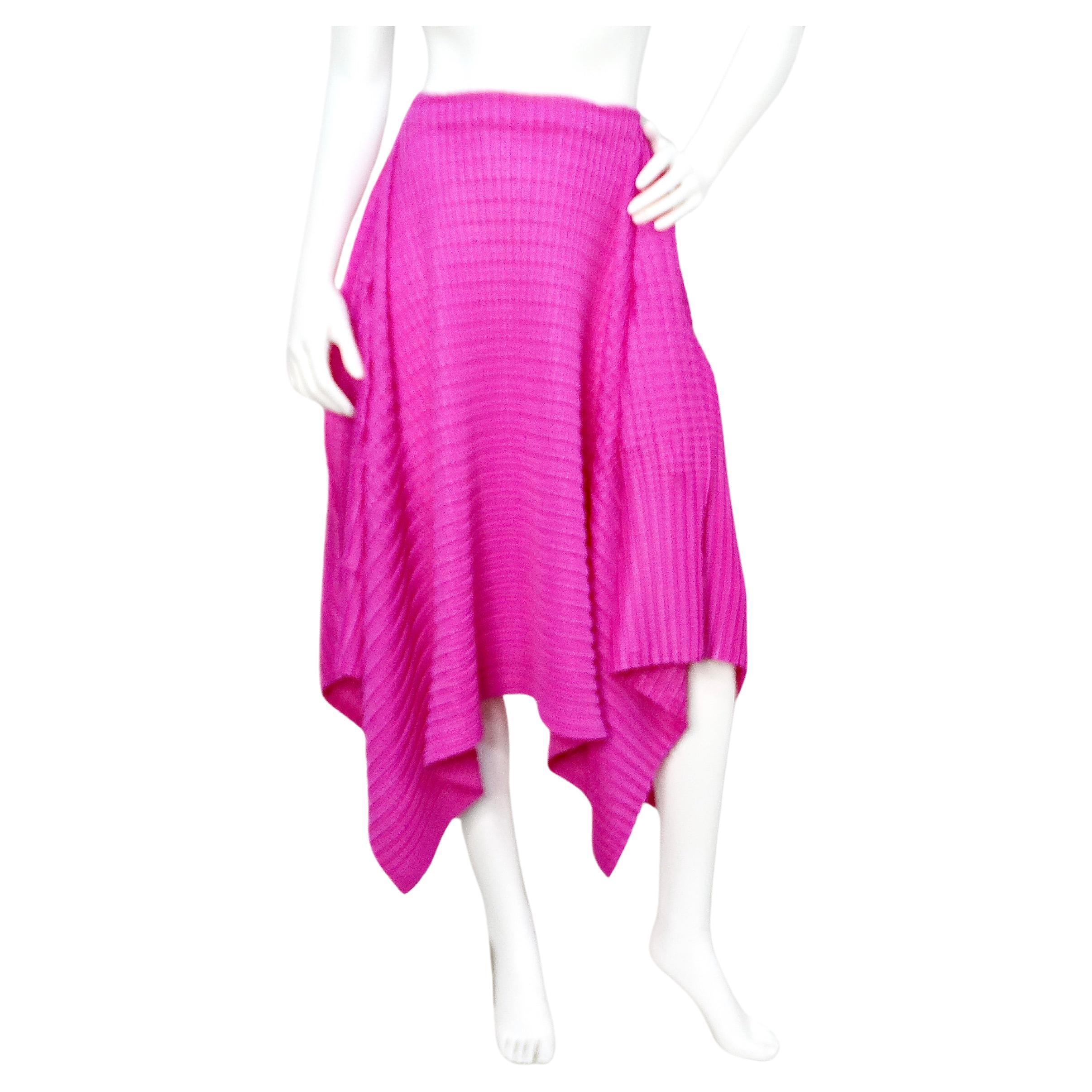 Issey Miyake 1990s Pleats Please Magenta Asymmetric Hem Midi Skirt For Sale