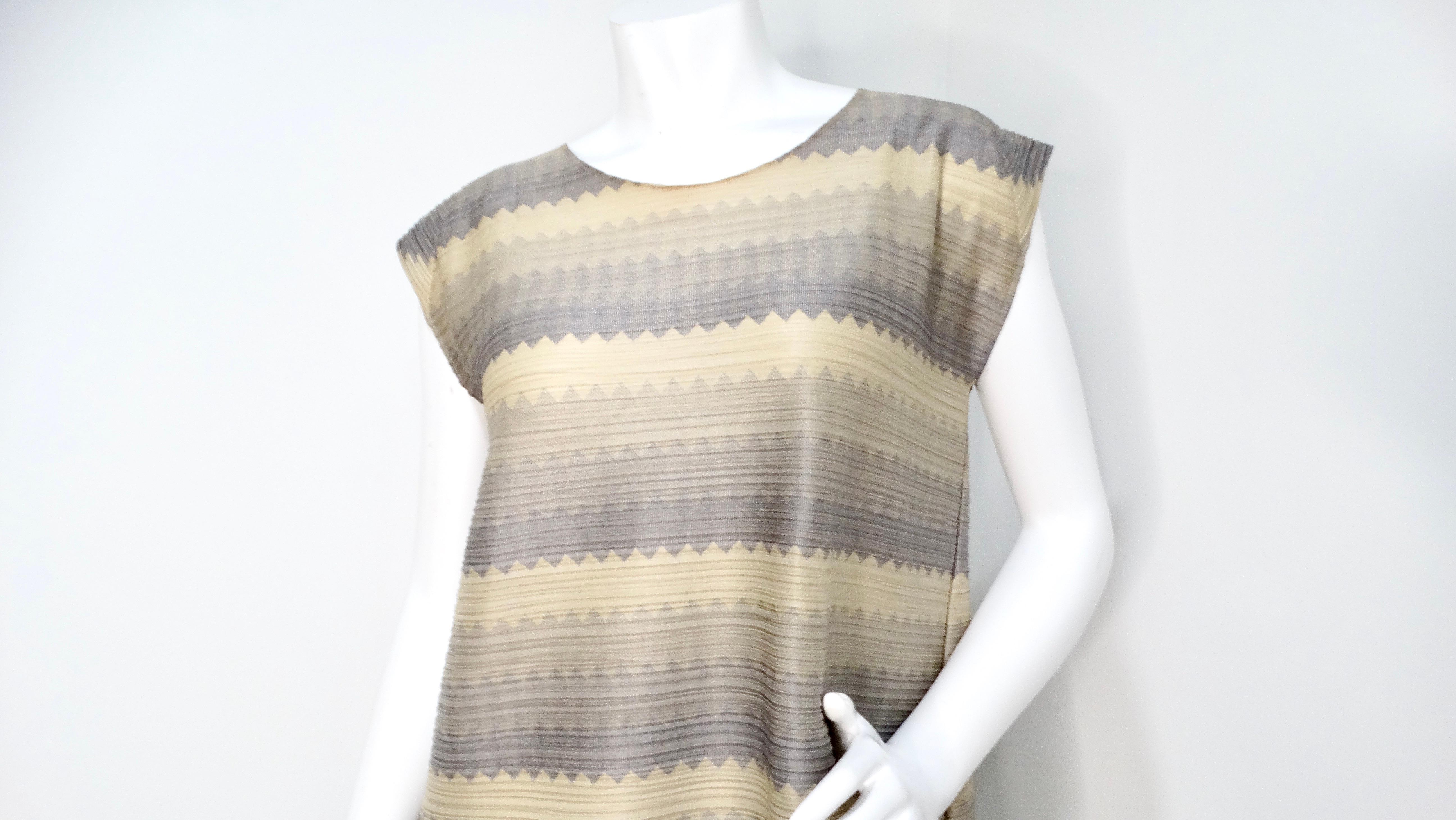 Gray Issey Miyake 1990s Pleats Please Striped Earthy Tones Tunic Blouse For Sale