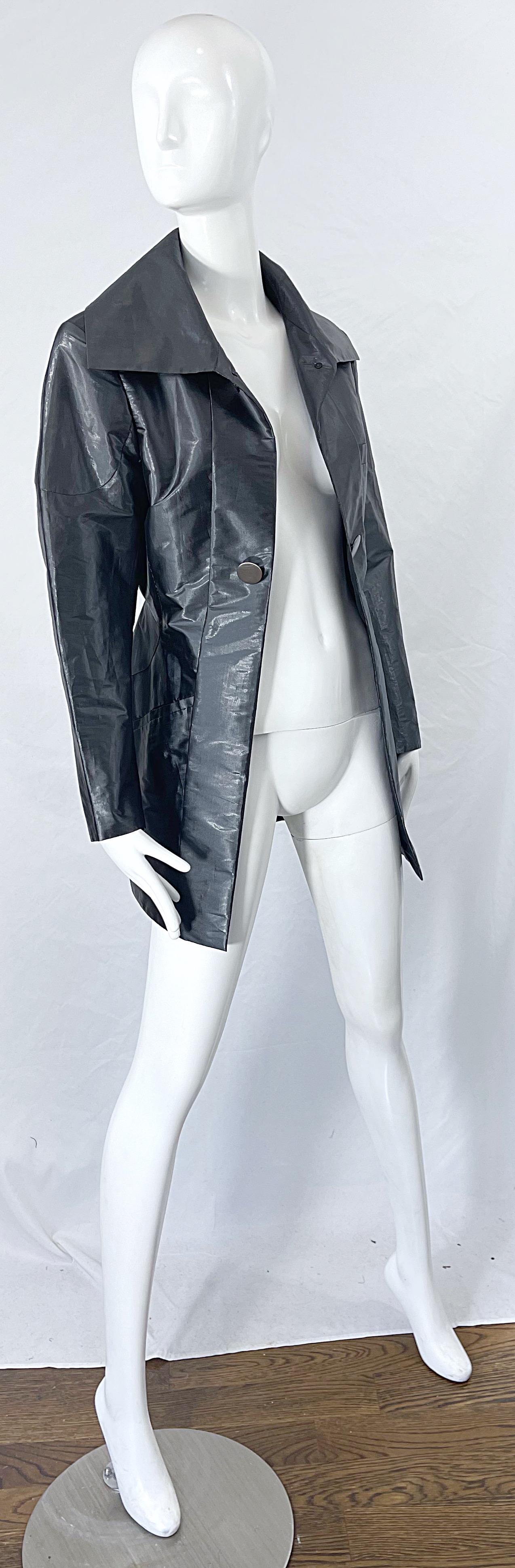 Issey Miyake 1990s Sharkskin Gray Metallic Vintage 90s Trench Jacket For Sale 4