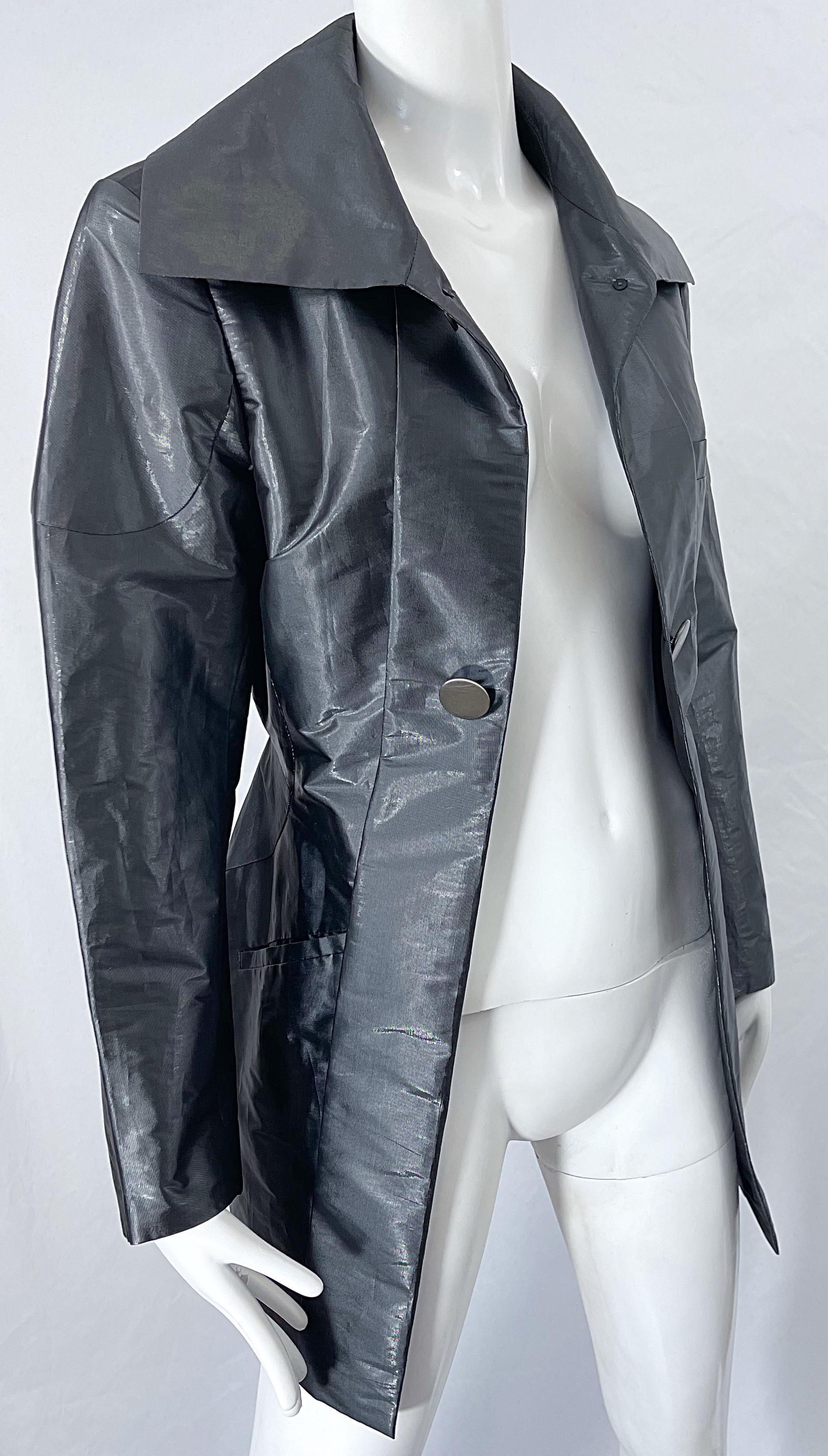 Issey Miyake 1990s Sharkskin Gray Metallic Vintage 90s Trench Jacket For Sale 2