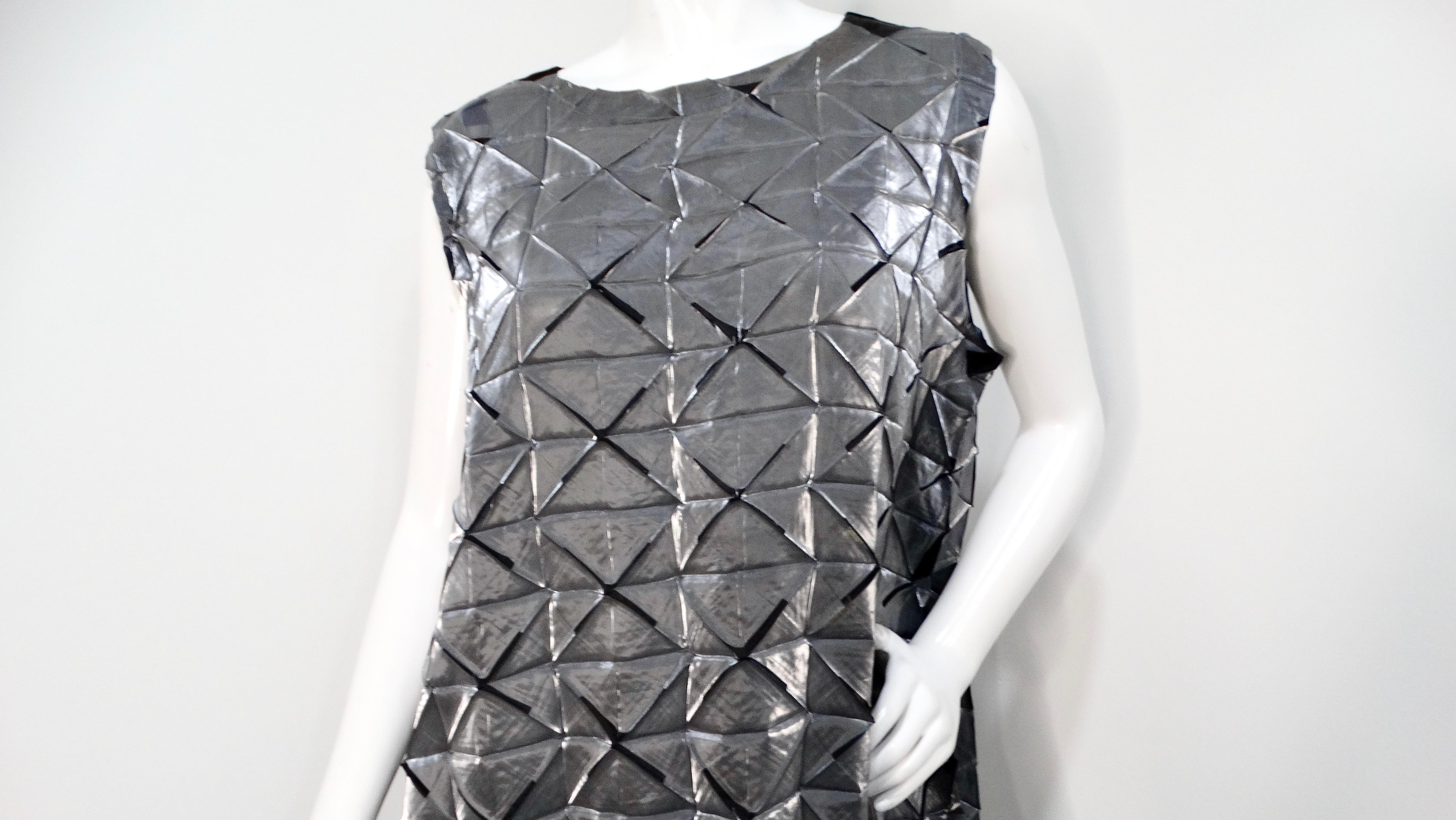 Women's Issey Miyake 1990s Silver Frost Geometric Pleated Sleeveless Maxi Dress