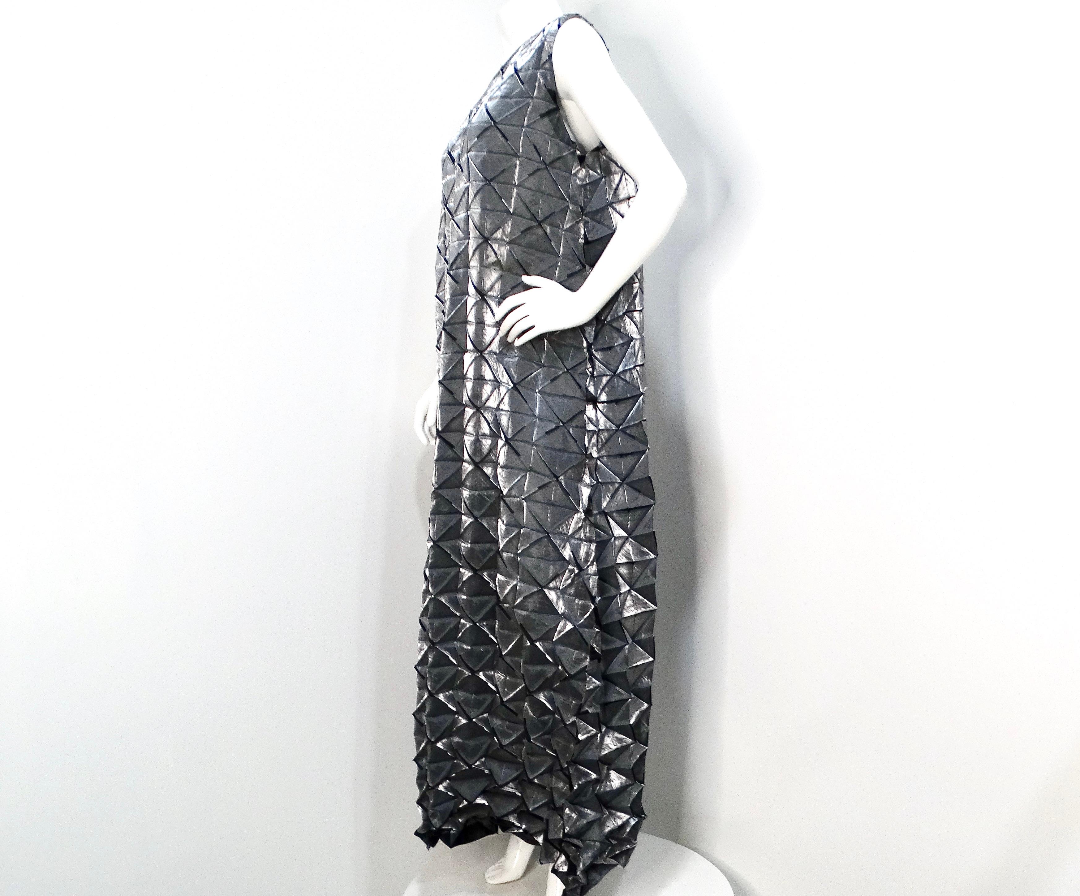 Issey Miyake 1990s Silver Frost Geometric Pleated Sleeveless Maxi Dress 1
