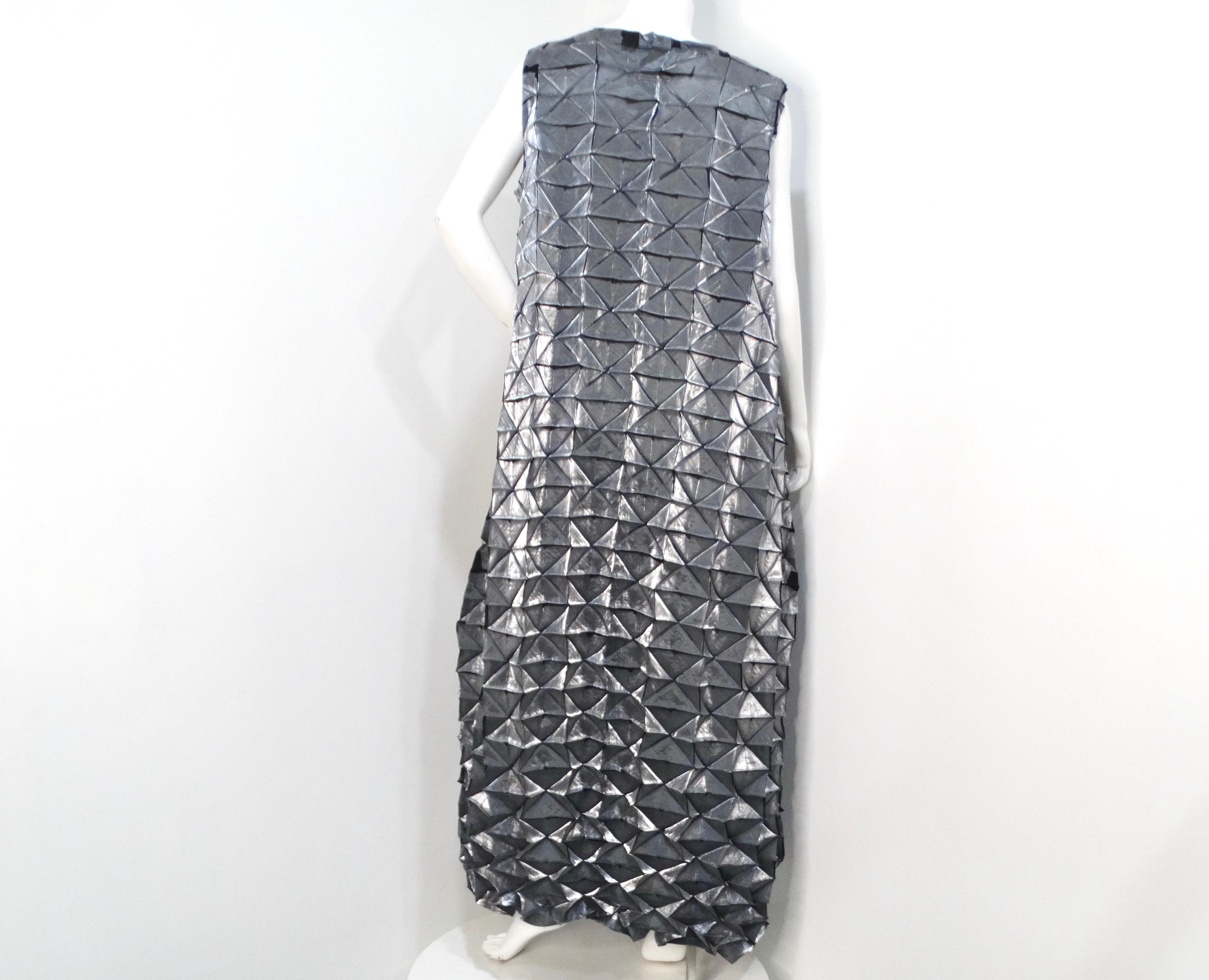Issey Miyake 1990s Silver Frost Geometric Pleated Sleeveless Maxi Dress 3