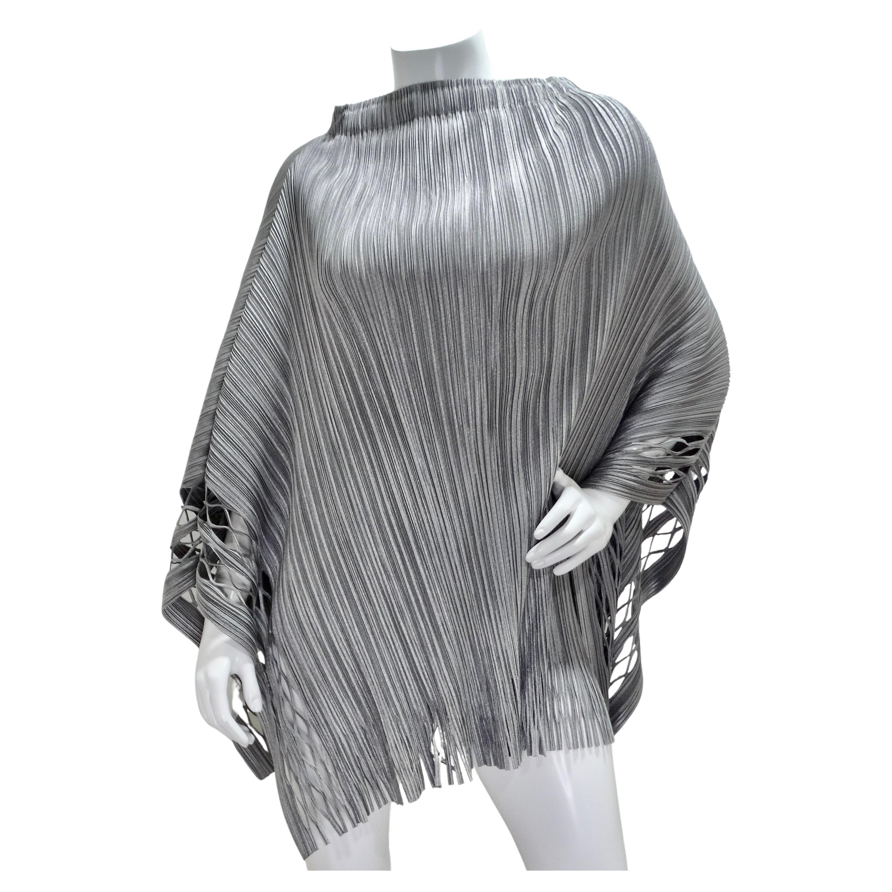 Issey Miyake 1990s Silver Pleated Poncho For Sale