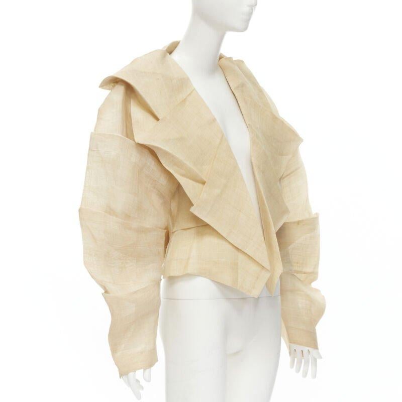 Beige ISSEY MIYAKE 1991 Vintage Runway Dinosaur architectural pleated linen jacket XL For Sale