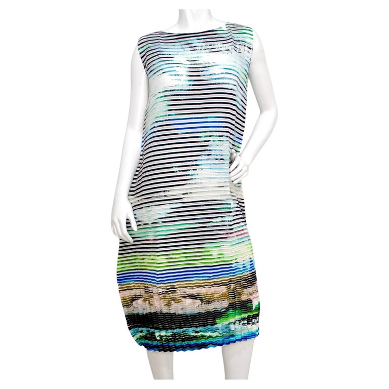 Issey Miyake 2018 Cool Toned Striped Abstract Pleated Bubble Dress For Sale  at 1stDibs