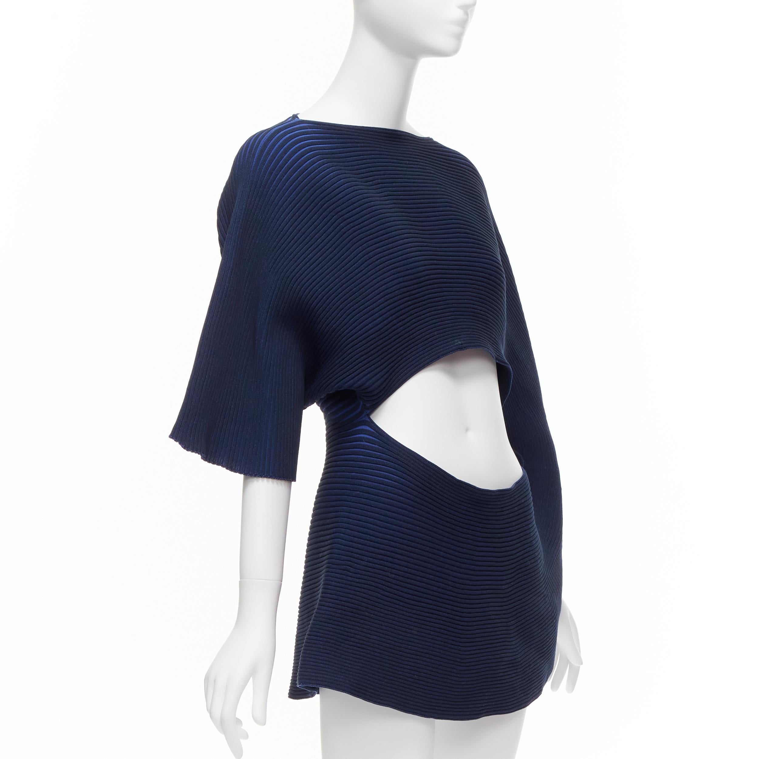 ISSEY MIYAKE 2022 dark blue ribbed knit 3D circle midriff cutout drape top JP2 M In Good Condition In Hong Kong, NT
