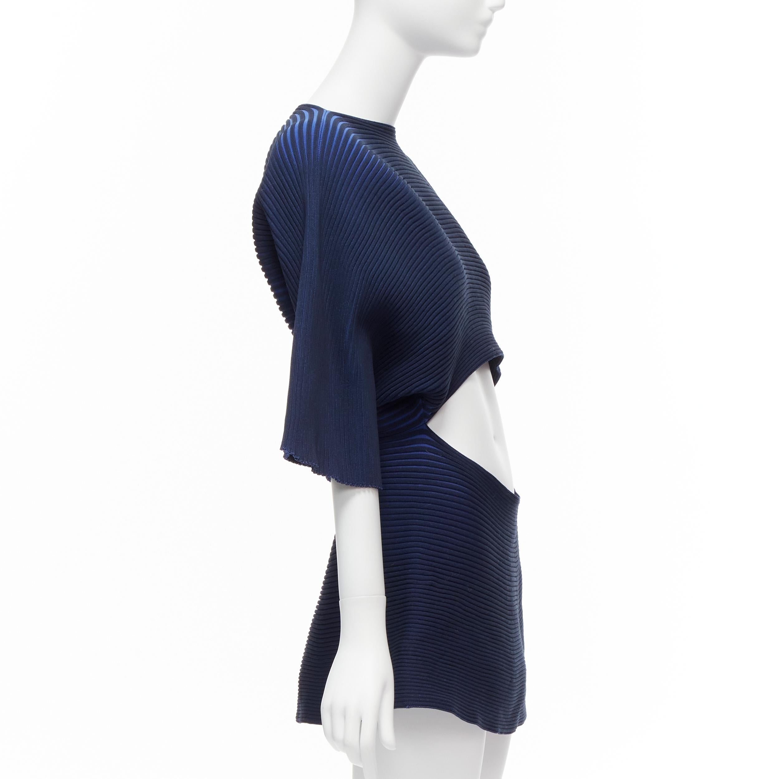 Women's ISSEY MIYAKE 2022 dark blue ribbed knit 3D circle midriff cutout drape top JP2 M